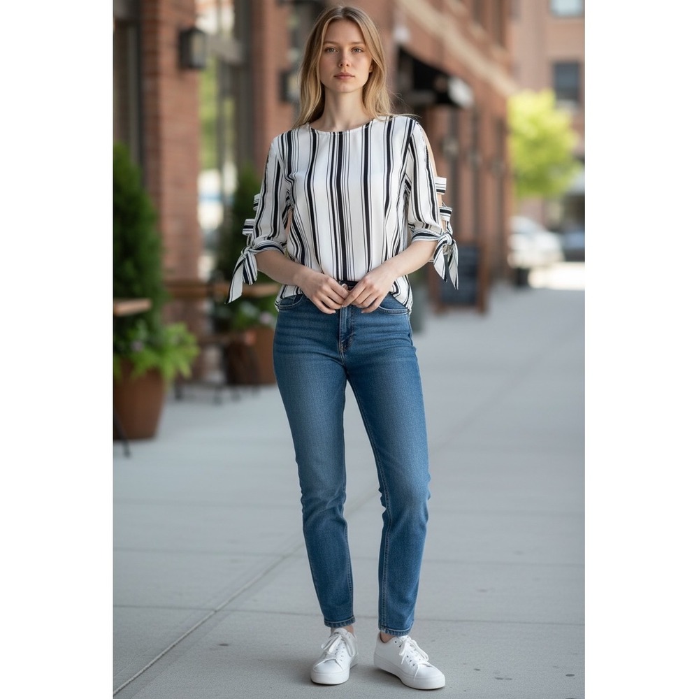 IZ BYER Womensโ Striped Cold Shoulder Cage Tie Sleeve Blouse Top Size L-Office
